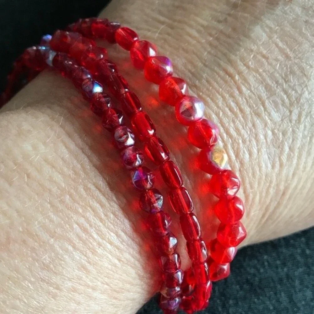 Vintage Handmade Triple Strand Red Aurora Borealis Czech Glass Sterling Clasp